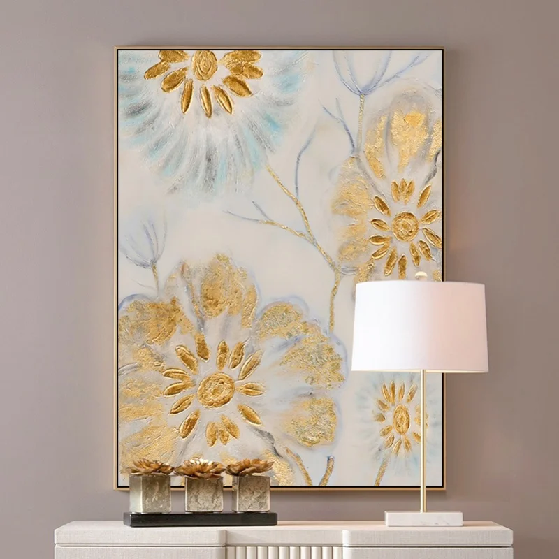 

Decorative Painting Modern Paintings Dining Room Entrance Mural Backdro Light Wind Luxury Gold Flowers Hand-painted Oil Painting