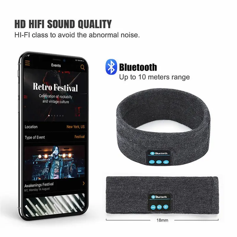 Беспроводные темно-серые стереонаушники с Bluetooth, гарнитура для спорта, сна, головной убор, микрофон, большая мощность