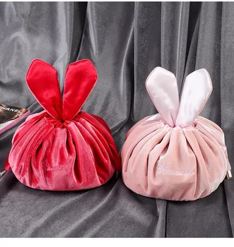 

Rabbit Ears Velvet Silk Drawstring Closure Women's Lazy Cosmetic Bag Large Capacity Make Up Organizer Round Pouches With Handle