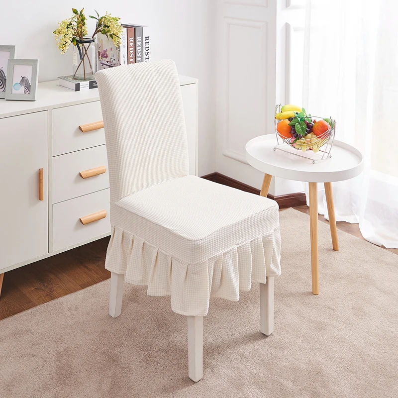 Клетчатый утолщенный эластичный чехол на стул для обеденного стула, растягивающийся гофрированный чехол для кухни, защитные чехлы на стулья из спандекса для банкета - Цвет: white with skirt