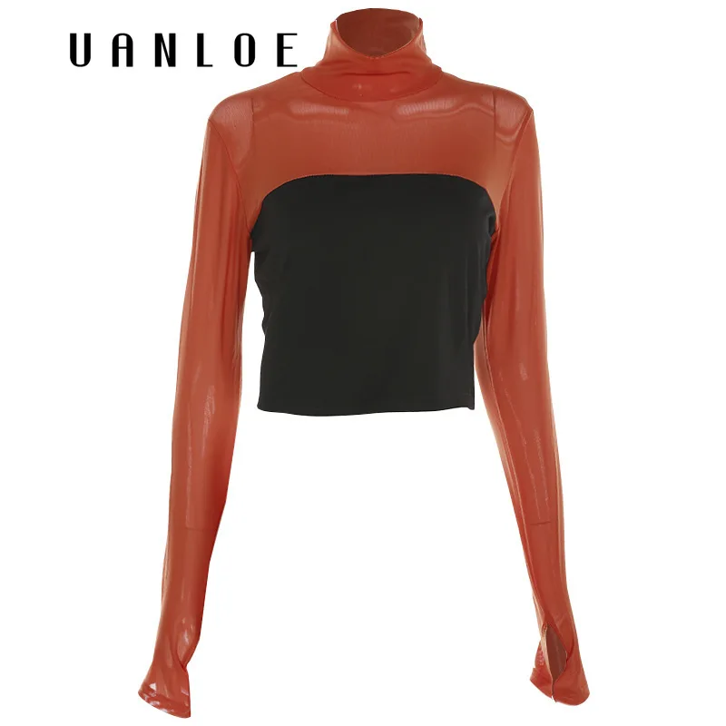 

2018 Sexy Women Mesh Patchwork Perspective t shirt Femme Transparent Cropped Turtleneck Long Sleeve Tee Shirt Tops