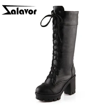

ZALAVOR Brand New Mid Calf Boots Women Cross Strap High Heels Platform Shoes Women Casual Thick Heel Knight Footwear Size 34-43