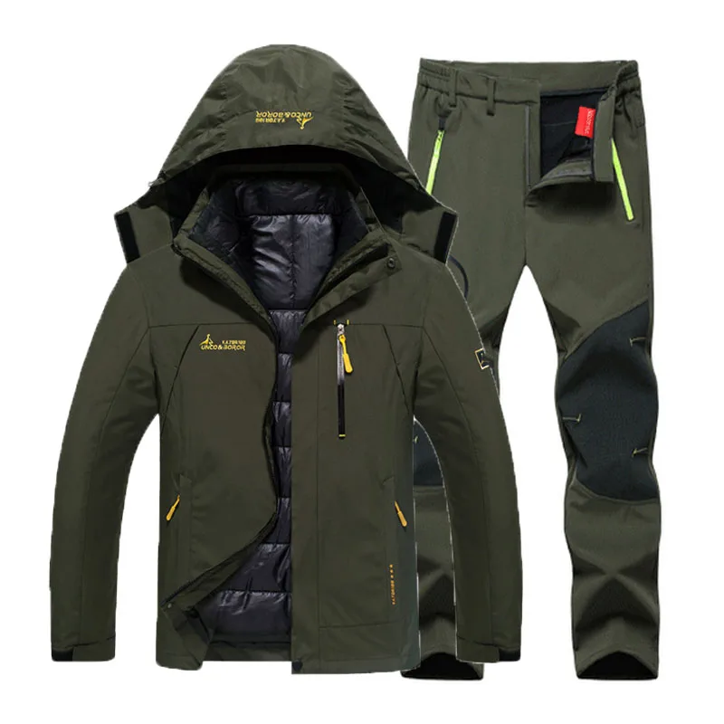 Более размера d мужские зимние водонепроницаемые треккинговые походные лагеря лыжные ползунки теплые плюс размер 3 в 1 хлопковые уличные куртки 6XL брюки костюм - Цвет: Green Green Suit