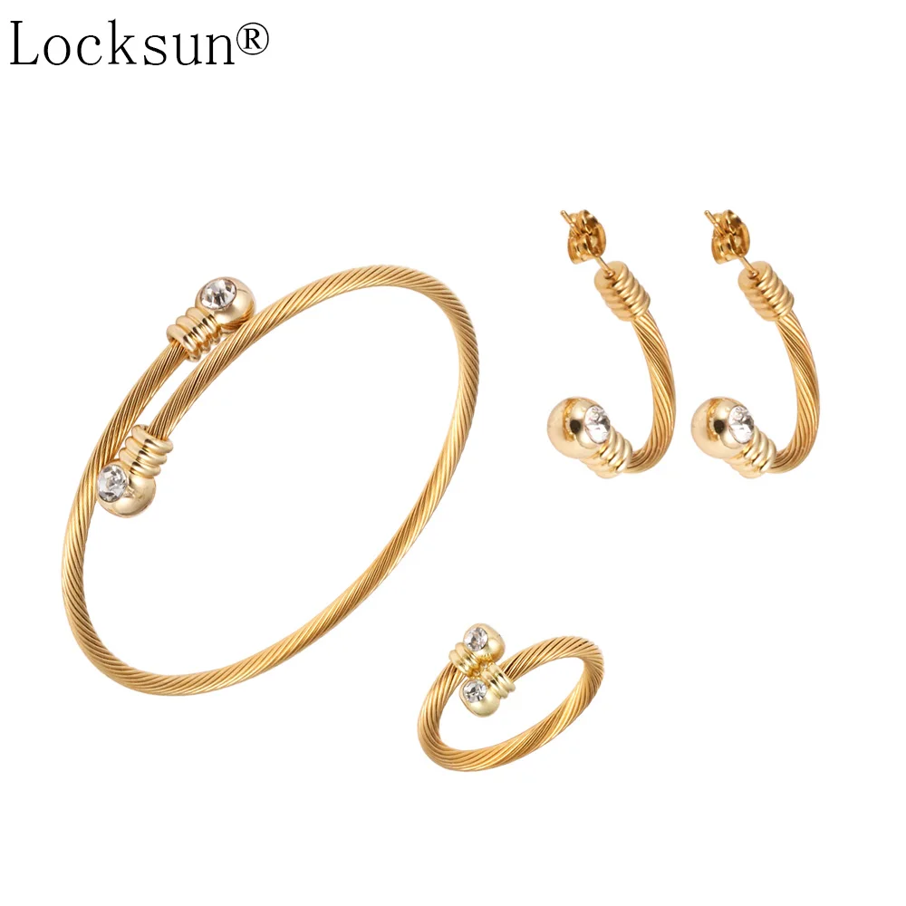 Locksun новые серьги-гвоздики с открытым кольцом комплекты с браслетом Модный золотой натуральный циркон женский свадебный изысканный круглый ювелирный набор из нержавеющей стали