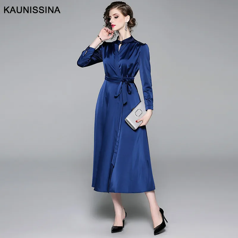 KAUNISSINA, Осеннее коктейльное платье, элегантные вечерние платья с длинными рукавами, синее длинное платье-рубашка, винтажное платье для выпускного вечера