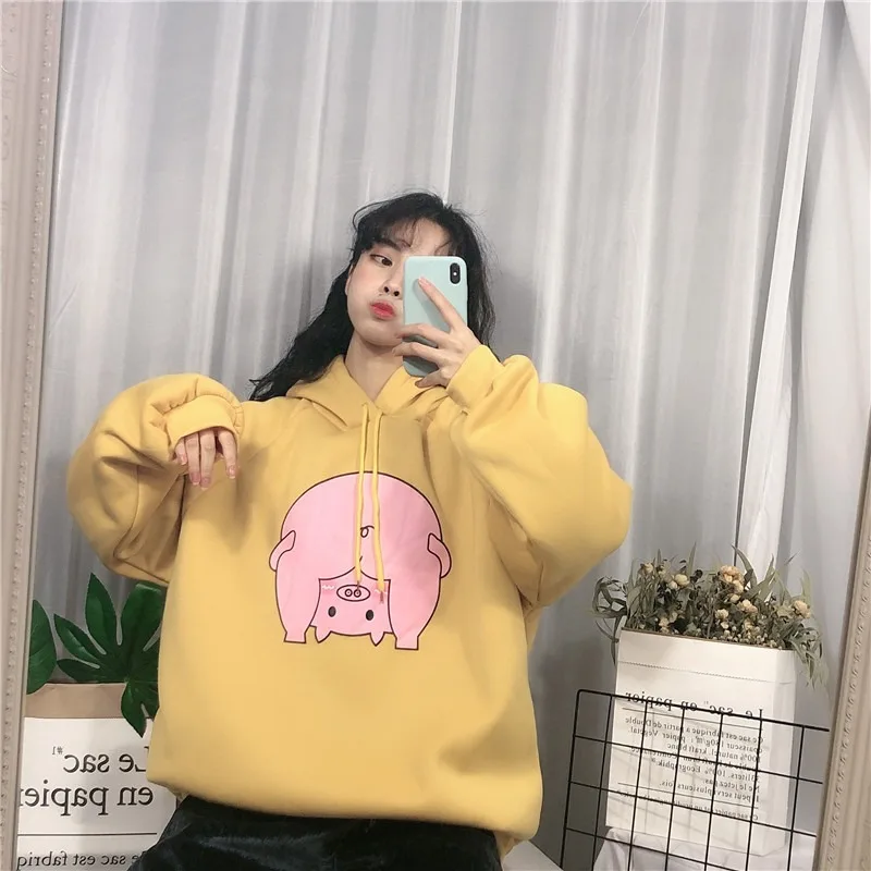 

Cute Pig Print Women Sweatshirts 2019 New Loose Harajuku Style Loose Ins Cartoon Pig Printing Fleece Hooded Female Hoodies Tops