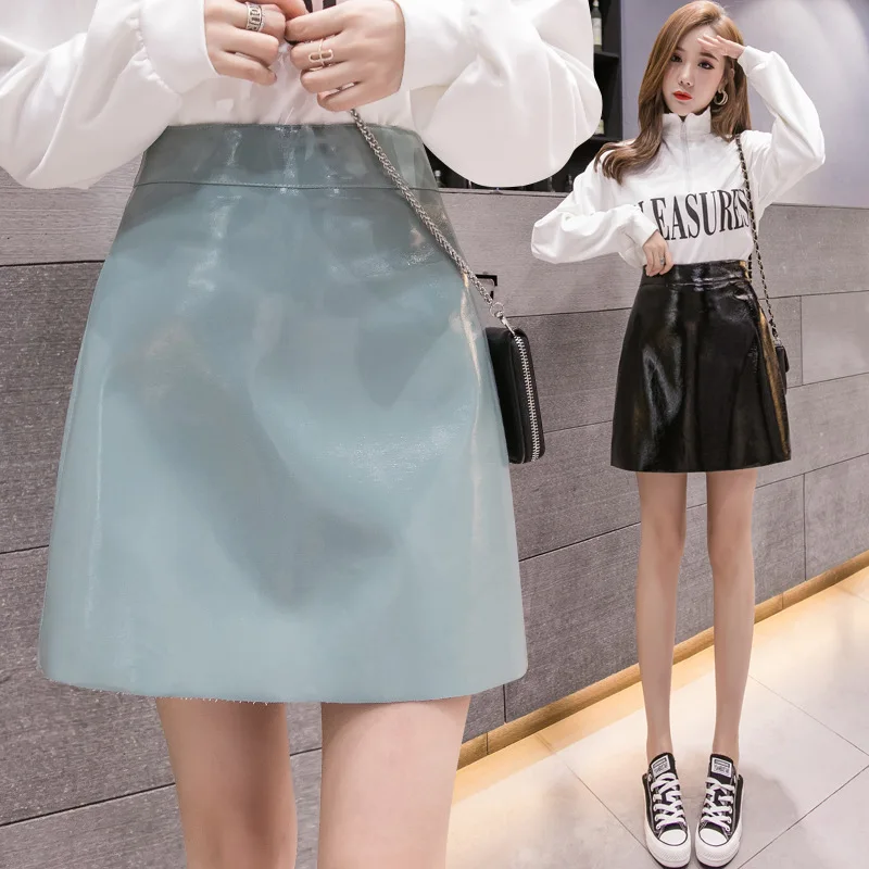 

Patent Leather A- line Skirt Women's Photo Shoot 2019 Autumn New Style Hong Kong Flavor CHIC Slim Fit Slimming High-waisted Shea