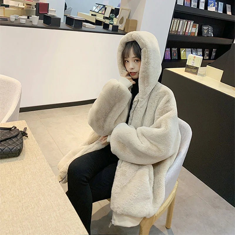 2022 Winter Female New Korean Loose Thin Plush Jacket Women Imitation Rabbit Fur Imitation Fur Mid-Length Thick Hooded CoatA1007