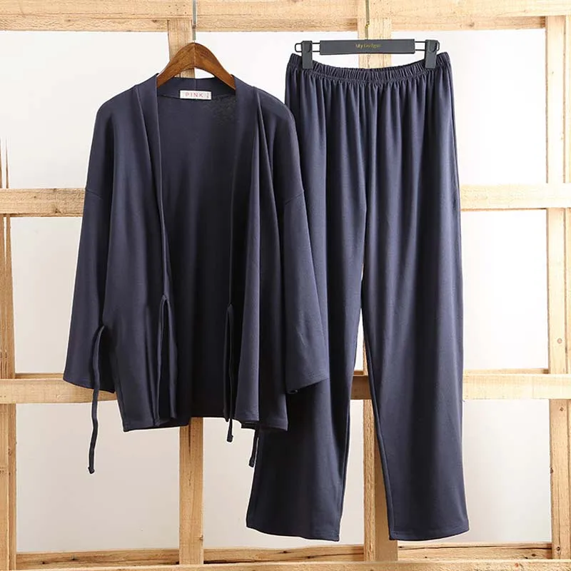 Men grey set 2 Унисекс женский пижамный комплект из 2 предметов в японском стиле, мужские кимоно Jinbei, хлопковые удобные пижамы на осень и зиму, одежда для сна юката - Цвет: Men grey set 2