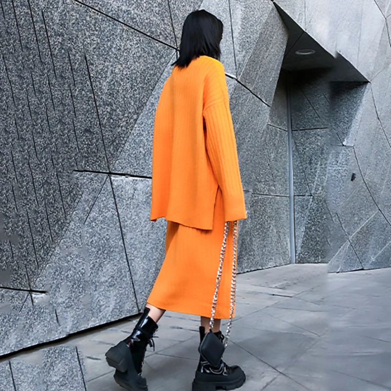 [EAM] Half-body Skirt Knittng Big Size Two Pieces Suit New Turtleneck Long Sleeve Loose Women Fashion Spring Autumn 1K341