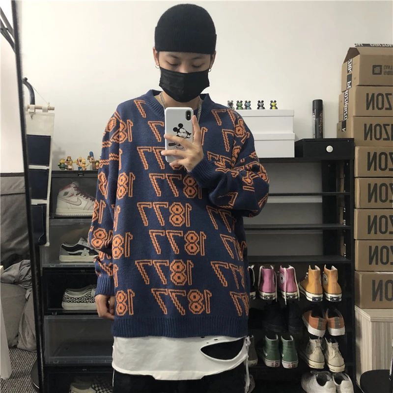 UYUK2019 зима Повседневный свободный модный тренд Harajuku дикий круглый вырез цифровой узор Мужской свитер Одежда Homme