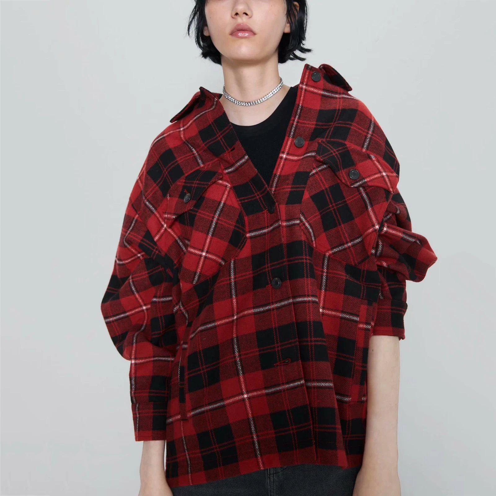 Za New Plaid Shirt Jacket Women Geometric Plaid Coats Fashing Clothing Long Sleeve Jackets Trendy Streetwear