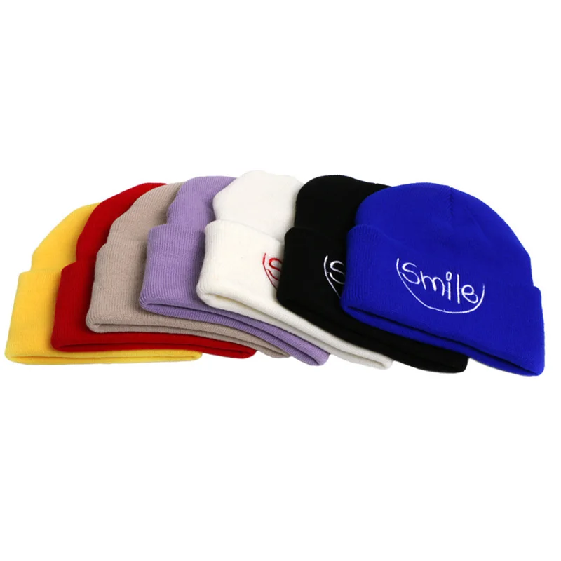 Autumn And Winter New Letters Smile Embroidery Wool Hat, Ladies Wild Thin Cuff Knit Hat, Men Skully Cap
