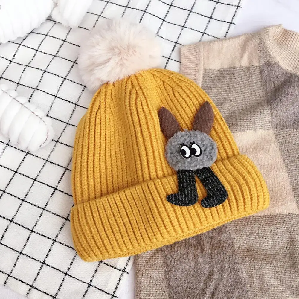 Детские шапочки Skullies Beanies для мальчиков и девочек, зимняя шапка с помпонами и ушками, теплые плотные эластичные модные аксессуары