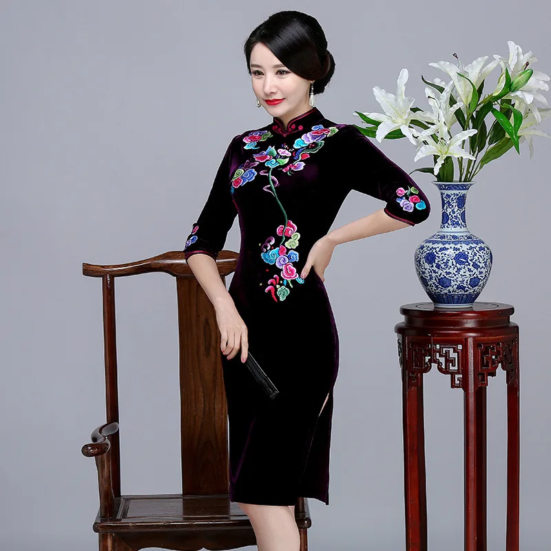 Женское вечернее платье, винтажная вышивка, цветок, велюр, Qipao, сексуальный бархат, высокий разрез, короткий рукав, Cheongsam Vestidos
