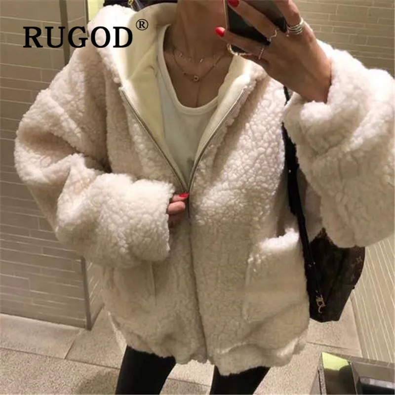 RUGOD, новинка, Женское шерстяное пальто с капюшоном, Корейская шикарная теплая зимняя куртка, свободная, с длинным рукавом, на молнии, милое пальто из овечьей шерсти, верхняя одежда
