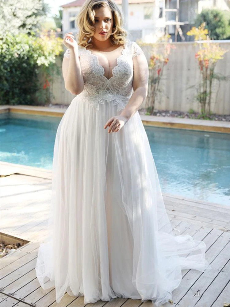 2019-plus-size-wedding-dresses-a-line-v-neck-lace-applique-floor-length-vestidos-de-novia-sweep-train-country   -wedding-dress-bridal-gowns