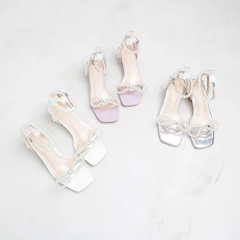 

Runway Pearls Bow Designer Sandals Women Chunky High Heels Ankle Strap Gladiator Sandals 2020 Ladies Wedding Party Shoes Summer