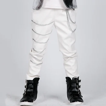 

Hip Hop Dance Costume Jazz Clothing Boys Silver Chain White Leather Pants Stage Outfit Street Dancing Performance Wear DN5154