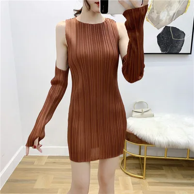 Miyake модное короткое однотонное платье с короткими рукавами и круглым вырезом