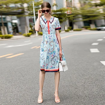 

High Quality Spring Summer New Women'S Fashion Party Casual Workplace Vintage Elegant Chic Print Stitching Lapel Chiffon Dress