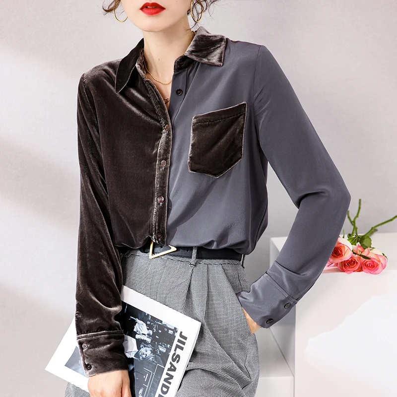 100% Silk Women's Runway Shirts Turn Down Collar