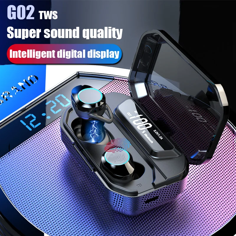 

G02 TWS V5.0 in-ear headset 6D stereo wireless headset IPX7 waterproof headset 4000mAh LED display external smart battery PK HBQ