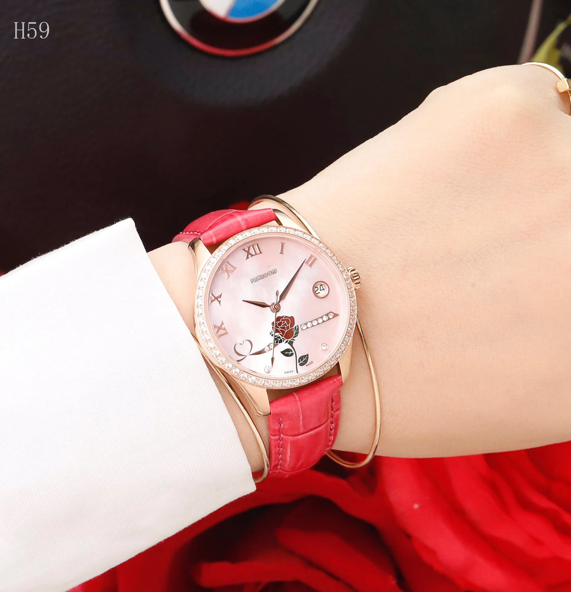 Frauen Luxus Mode Uhren Diamant Automatische Tourbillon Uhr Lederband Uhr Relogio Feminino Rose Flower Watch Swiss Automatic eta - Цвет: 4