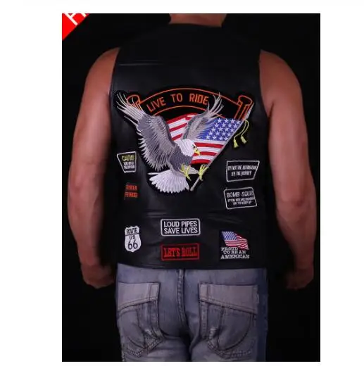 

Classic Design Man and Woman Genuine Leather Motorcycle Vest Embroidered Symbol Waistcoat Full Black KP