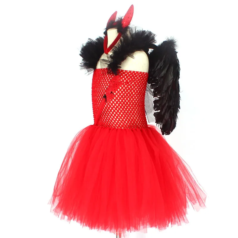 Girls Red Devil Halloween Tutu Dress with Hors Wings Pitchfork Crimson Demon Kids Fancy Dress Up Carnival Party Dress Costume (13)