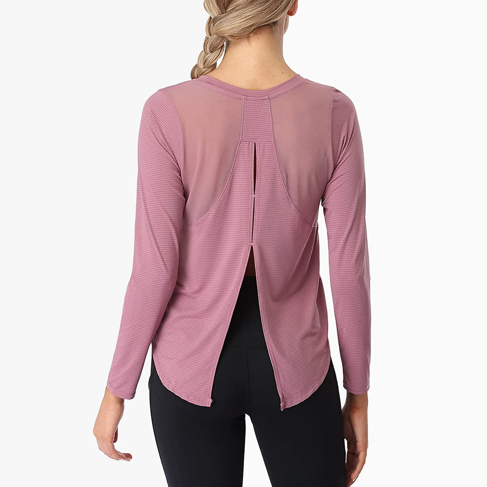 Attraco Long Sleeve Workout Shirts for Women Tie Back Breathable Mesh Yoga Tops