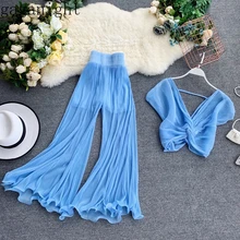 Gaganight Sexy Women Outfit Two Pieces Set Long Wide Leg Pant Elastic Waist Fashion 2 Pieces Set Elegant Blouse Tops Suit Korean Gaganight Sexy Women Outfit Two Pieces Set Long Wide Leg Pant Elastic Waist Fashion 2 Pieces Set Elegant Blouse Tops Suit Korean