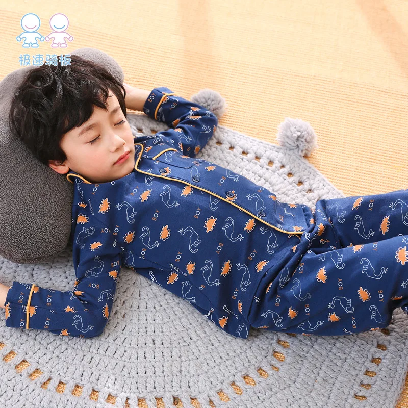 

Boys' Pajama Spring And Autumn Pure Cotton Long-sleeve Suit Cotton Kids Big Virgin Boy Dinosaur Thin Children Tracksuit