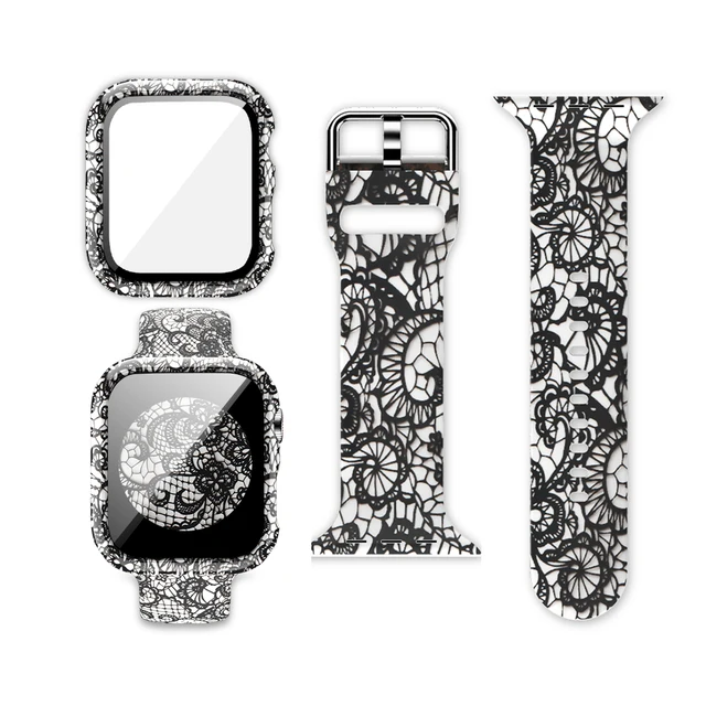 Case+Bands for Apple Watch Band 44 40 42 38mm with Screen Protector Cover, Glass+Silicon Wristband Strap for iWatch SE 654321 Lace Texture