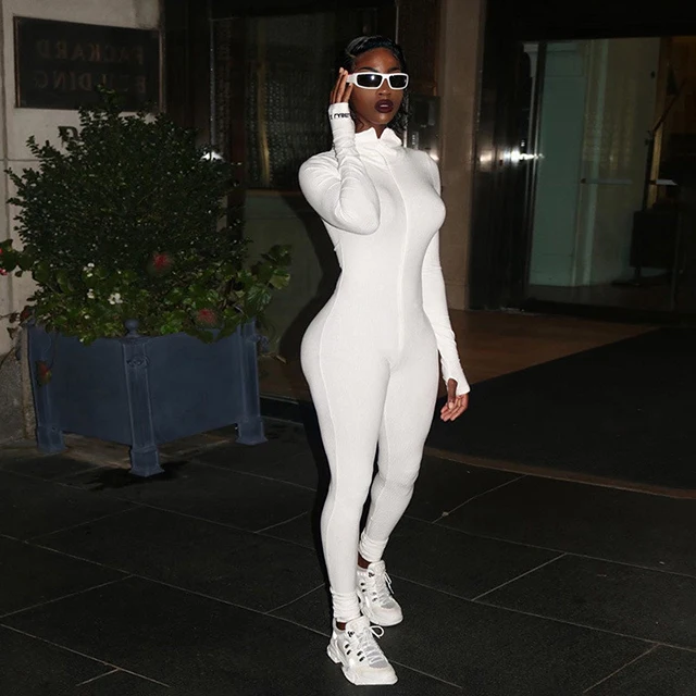 Plus Jumpsuit For Women Romper 2020 Lucky Label Long Sleeve Casual Skinny Turtleneck Catsuit Zipper Sport Wear Bodysuit Black White