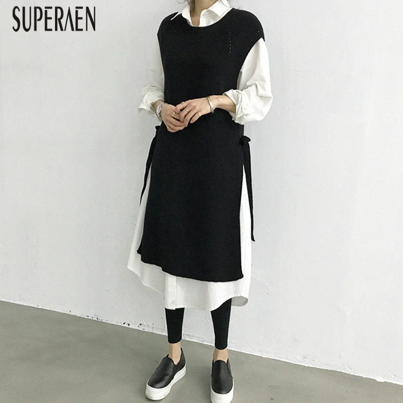 SuperAen, корейский стиль, без рукавов, свитера для женщин,, осень и зима, Повседневный женский свитер, сплошной цвет, Вязанная женская одежда