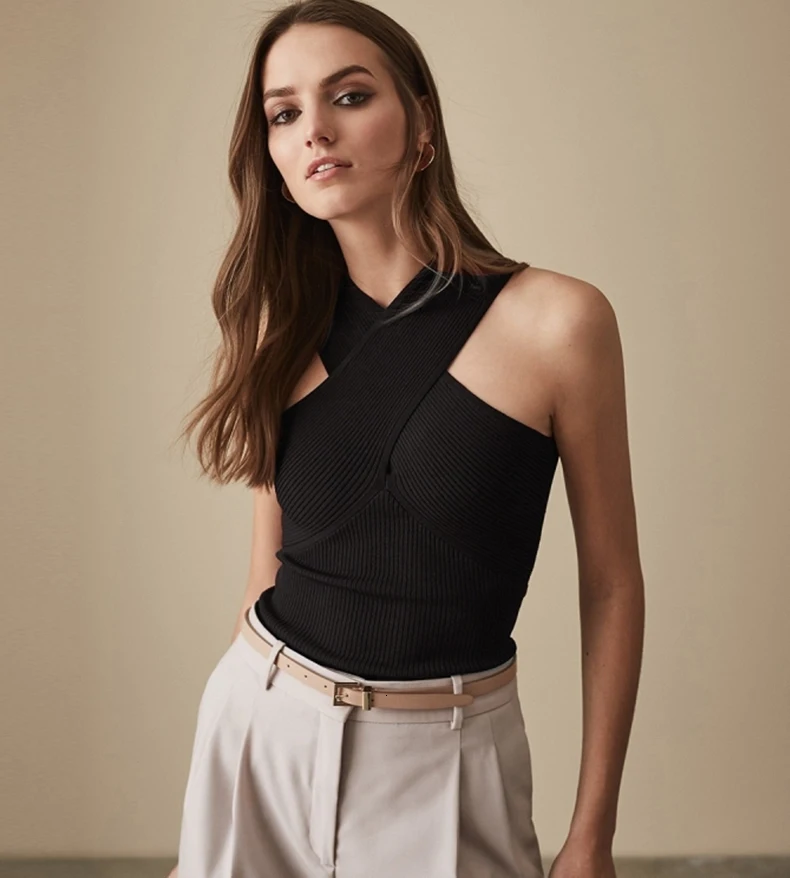 HDY Haoduoyi Femme Black Summer Render Vest Simple Sexy Pure Ribbed Neckline Cross-shoulder Undercoat Intersecting Strapless Top