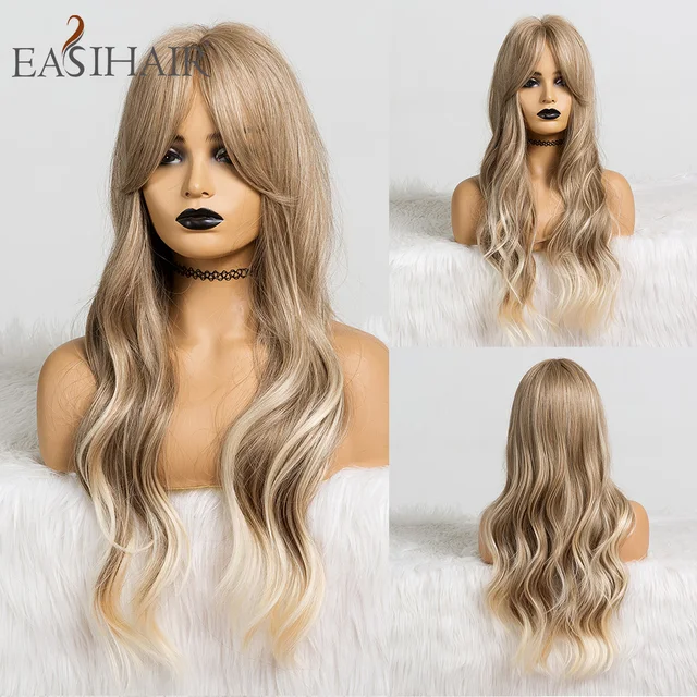 EASIHAIR Long Dark Brown Women's Wigs with Bangs Water Wave Heat Resistant Synthetic Wigs for Black Women African American Hair LC237-3
