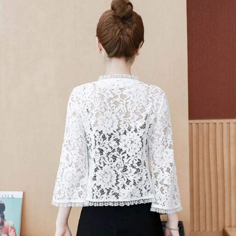 Women Lace Trim Coat Spring Summer Sun Protection Jacket Lady Thin Tops Plus Size 4XL Elegant Sweet Office Business Clothing