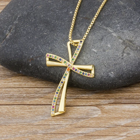 Design Rainbow Cross Copper Pendant Gold Chain Necklace AAA Cubic Zirconia Choker Necklaces Fashion Jewelry Gifts For Women