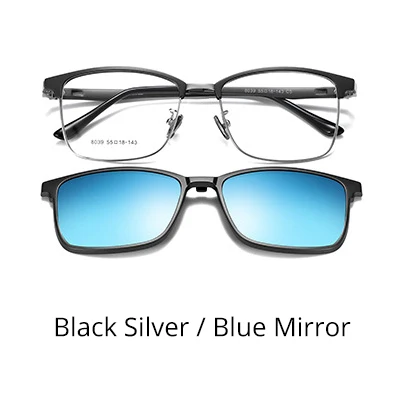 Black Silver-Blue TWO Oclock Magnetic Sun Shade Car Polarized Sunglasses Women Men's Clip On Glasses Square Frames for Optical Lenses Z8039 - Цвет линз: Black Silver-Blue