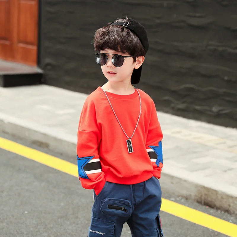 red T-shirt Стильная Детская одежда, джинсы для мальчиков, свободные джинсы в стиле хип-хоп с карманами шаровары для мальчиков-подростков, теплые зимние детские джинсы - Цвет: red T-shirt