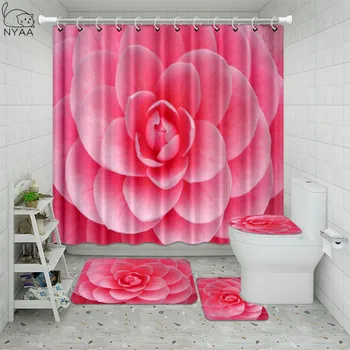 

NYAA Pink Flower Printing Pattern Bathroom Waterproof Shower Curtain Set Pedestal Rug Lid Carpet Toilet Cover Bath Mat Set