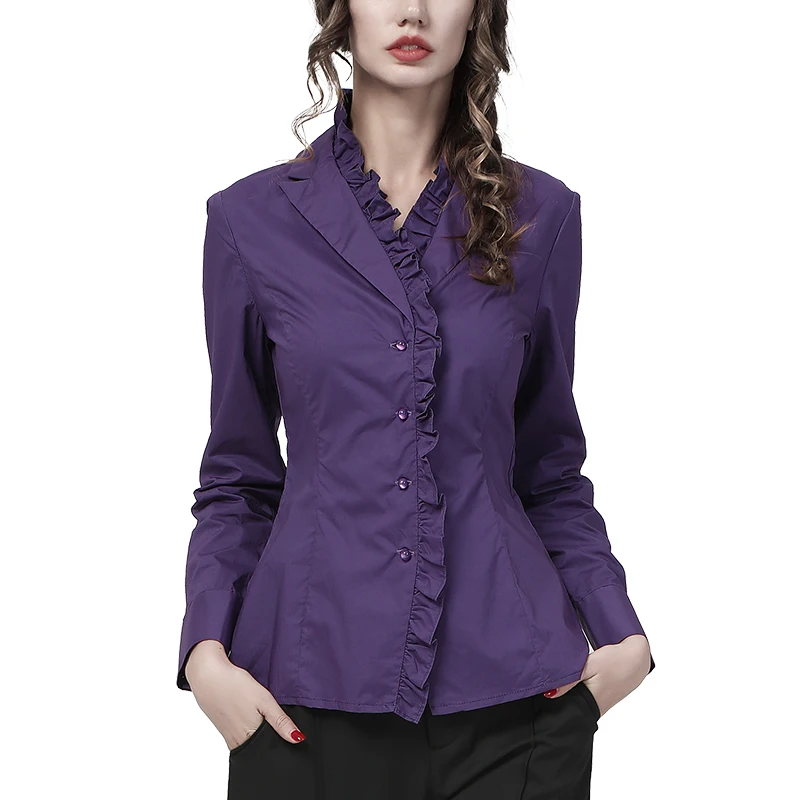 100% Cotton Women Ruffle Suit Collar Long Sleeve Shirt 2021 Autumn