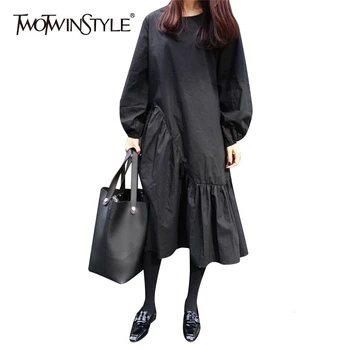 

TWOTWINSTYLE Black Asymmetrical Dress For Womeno Neck Lantern Long Sleeve Hem Ruffles Autumn Women's Dresses Clothes Fashion New
