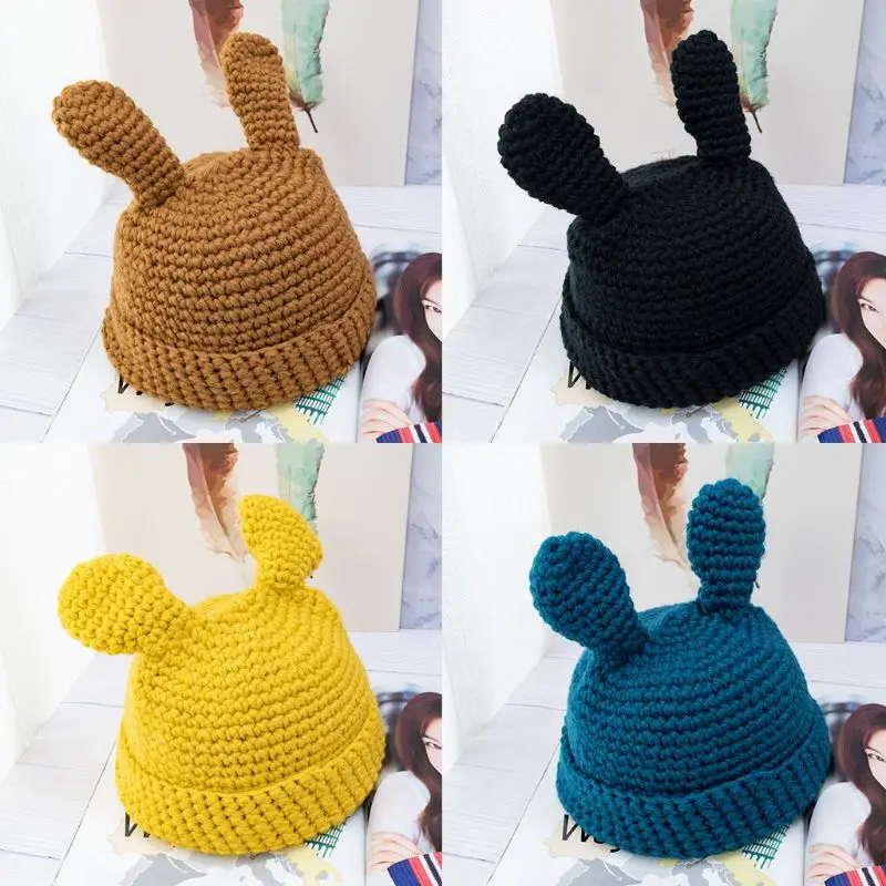 Women Girls Chunky Crochet Knit Beanie Cap Solid Color 3D Rabbit Ears Bonnet Hat