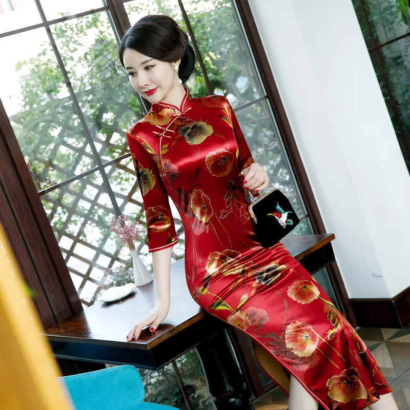 Женское традиционное платье Cheongsam с бархатным цветком, элегантное китайское платье Qipao с коротким рукавом, размер L-5XL