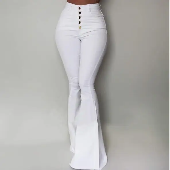 White Bottom Pants Women Button High Waist Flare Pants New Trousers Slim Casual Elegant Work Wear Pantalon Femme - Color: White