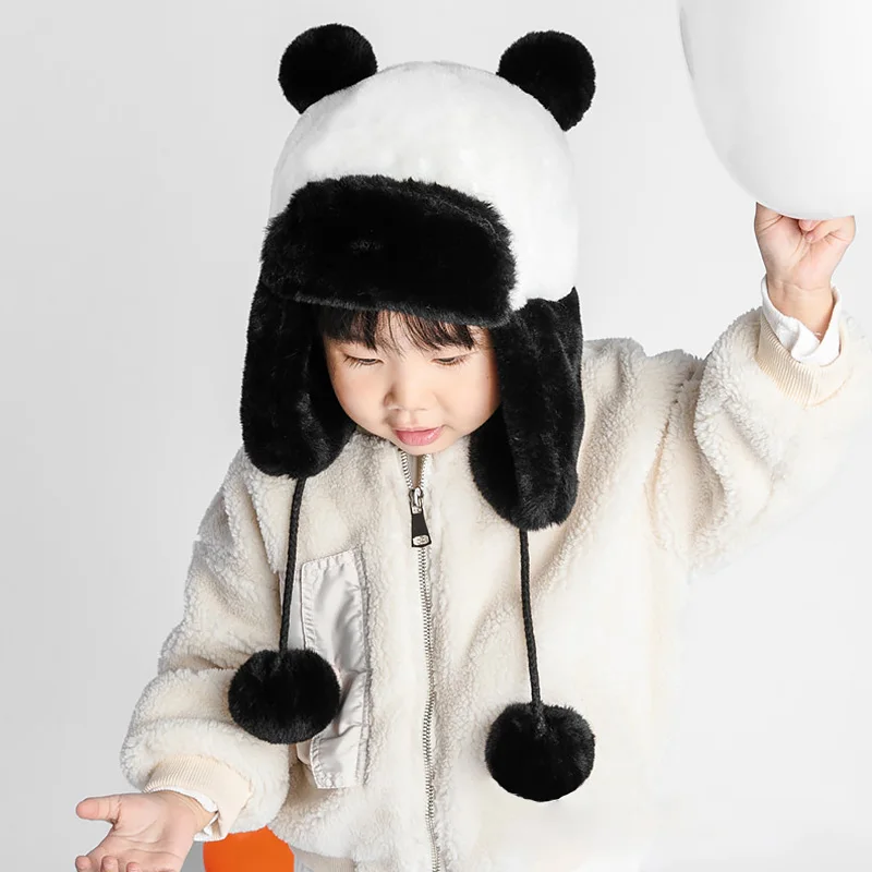 New Design Kids Thick Warm Children Hat Boys Girls Soft Plush Patchwork Winter Hats And With Fur Ear Cap With Fleece Ball - Цвет: Черный