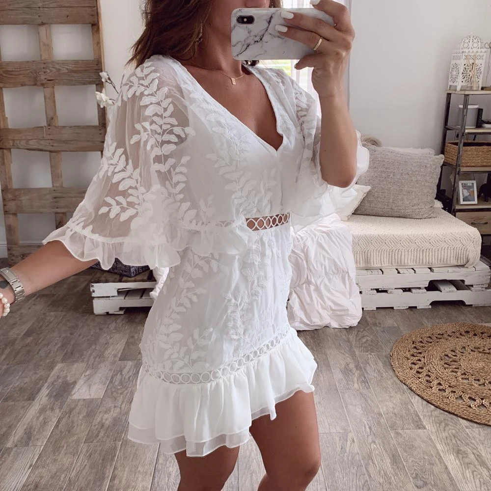 Dressmecb, Осеннее мини-платье с рукавом-бабочкой в стиле пэчворк, глубокий v-образный вырез, сексуальное платье с принтом, женское элегантное платье для офиса, женские вечерние платья